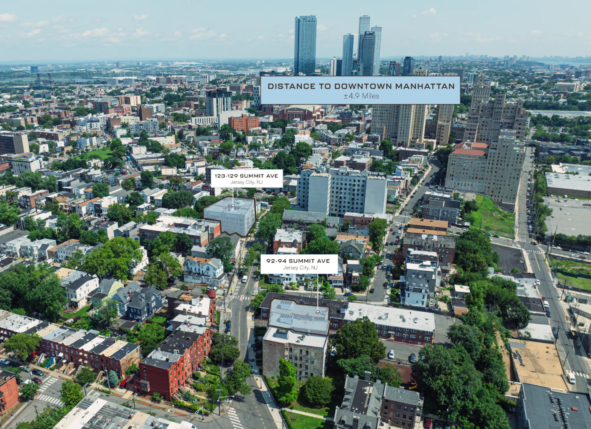 Aerial with distance to Downtown Manhattan
